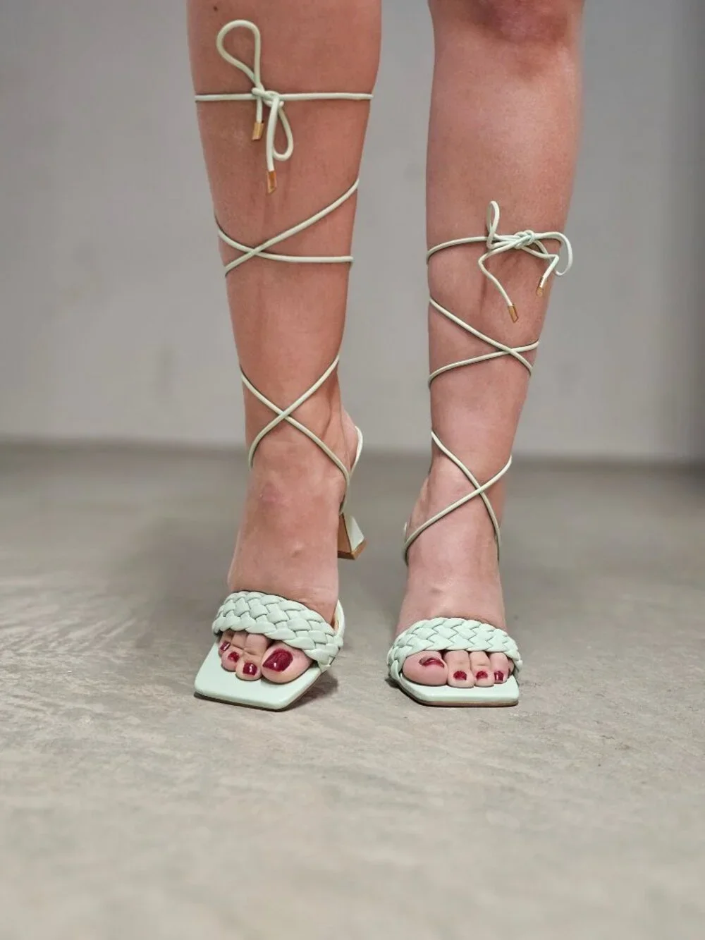 Strappy Mint Green Lace-Up Heeled Sandals With Braided Front Design Square Toe A